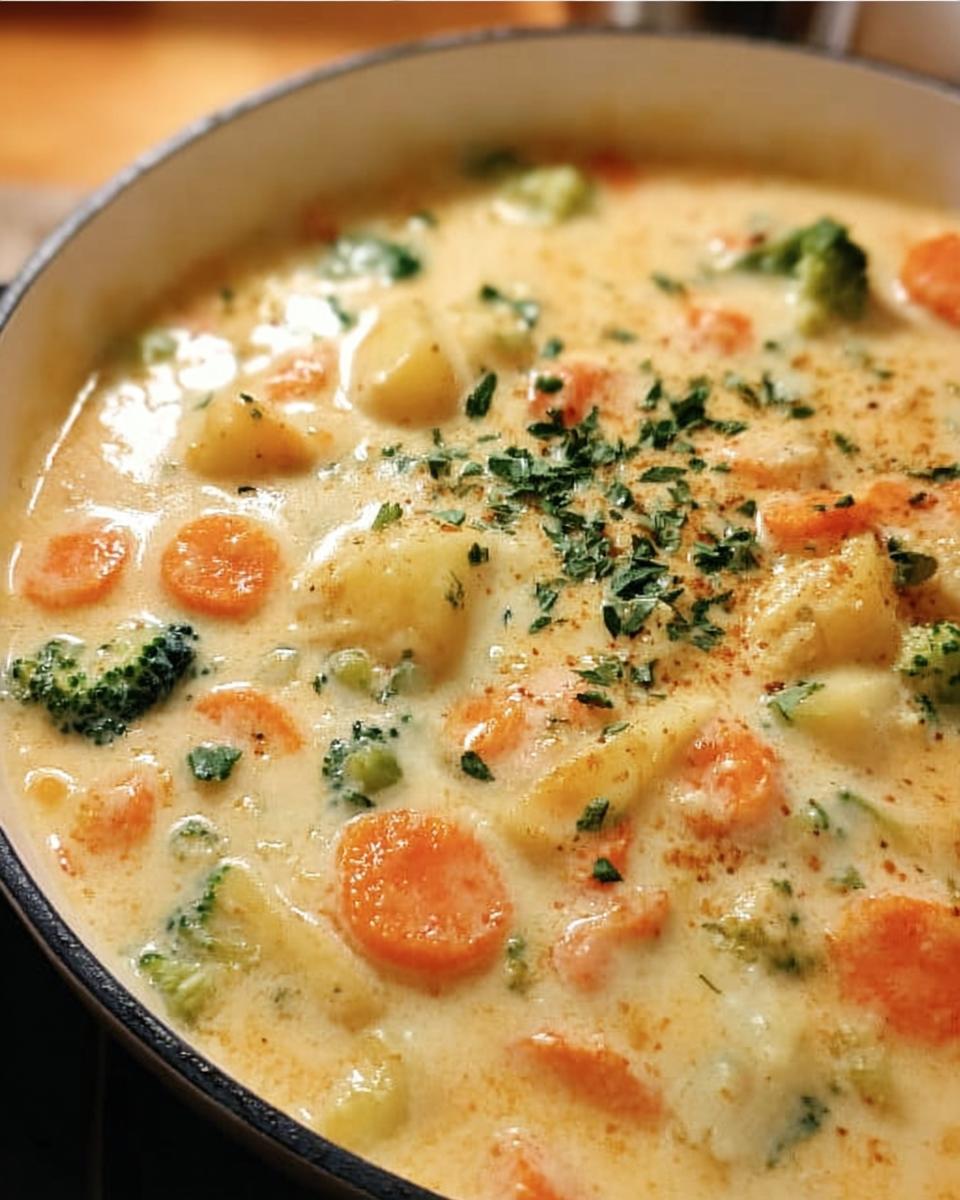 Close-up of Cheesy Vegetable Chowder with carrots, potatoes, and broccoli in a creamy broth, garnished with herbs.