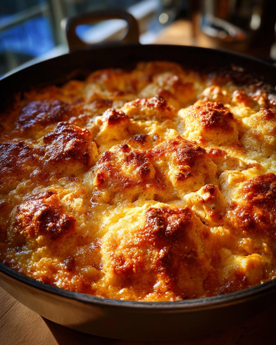 Close-up of a freshly baked Chicken & Biscuit Dinner Cobbler in a skillet, showing golden brown biscuits.