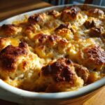 Close-up of a freshly baked Chicken & Biscuit Dinner Cobbler with golden-brown biscuits.