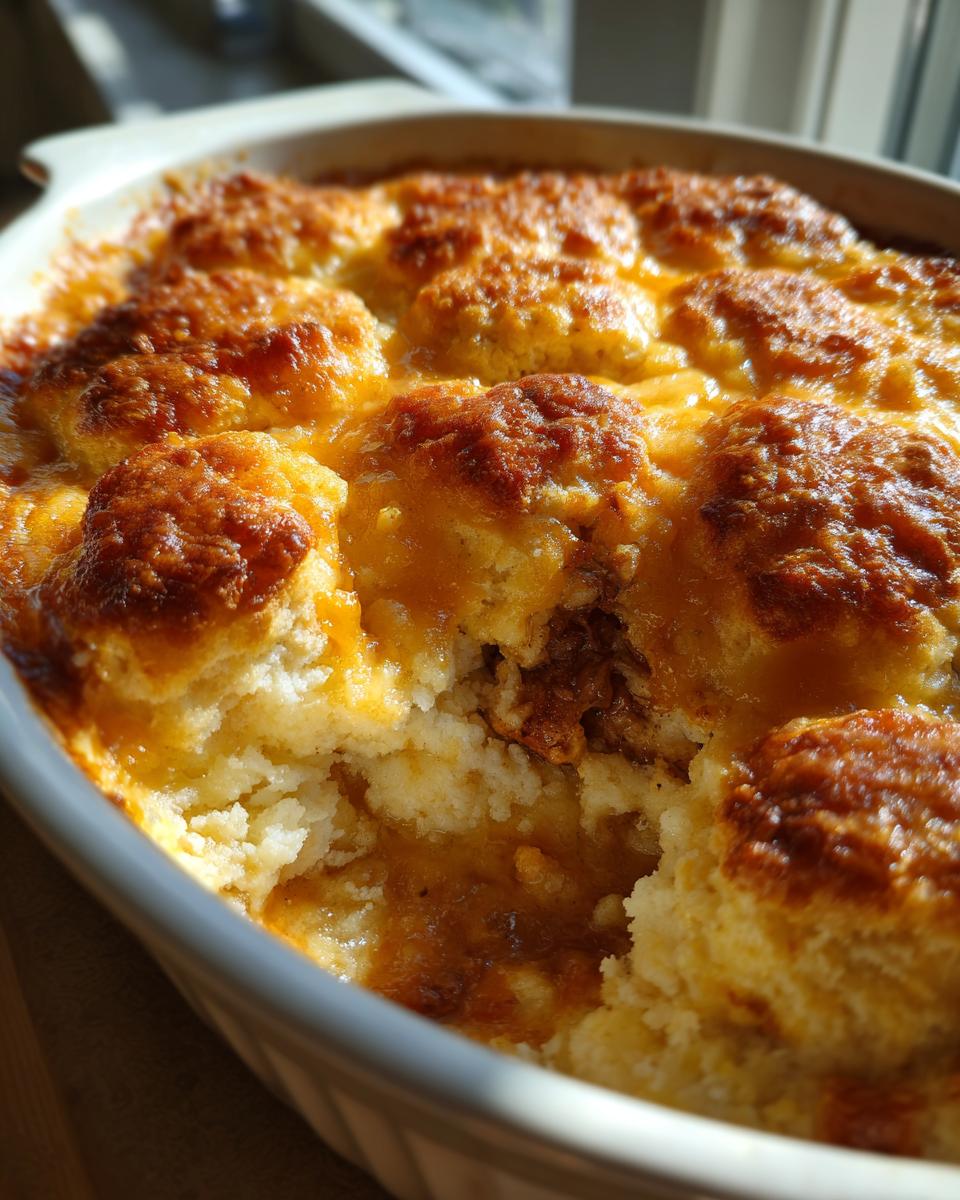 Close-up of baked Chicken & Biscuit Dinner Cobbler in a white dish, showing golden biscuits and chicken filling.