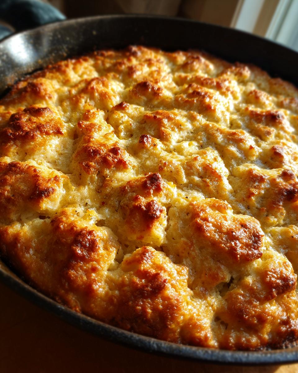 Overhead view of a freshly baked Chicken & Biscuit Dinner Cobbler in a cast iron skillet.