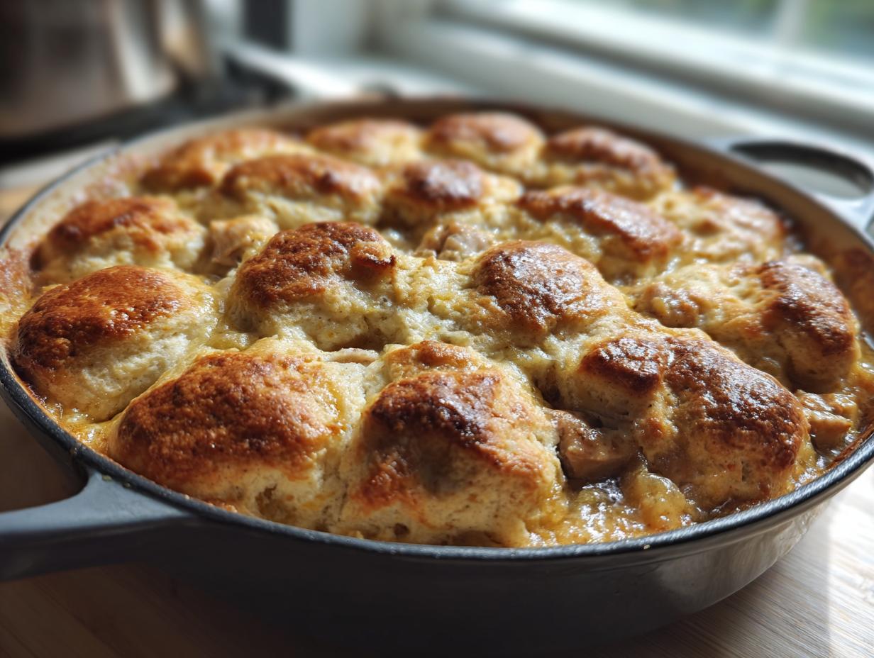 Close-up of a freshly baked Chicken & Biscuit Dinner Cobbler in a cast iron skillet, golden brown biscuits on top.
