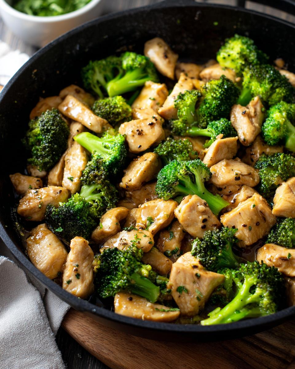 A close-up of a Chicken Broccoli Skillet, featuring tender chicken and bright green broccoli.