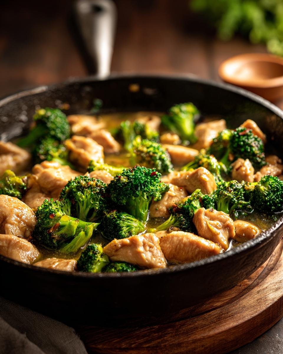 A close-up of Chicken Broccoli Skillet in a cast iron pan, showcasing the tender chicken and vibrant broccoli.