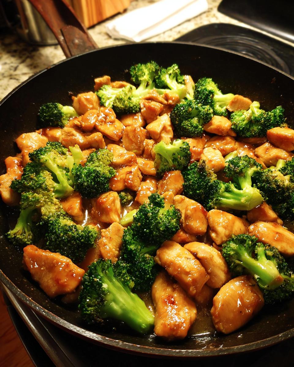 Close-up of a Chicken Broccoli Skillet with glazed chicken and fresh broccoli florets.