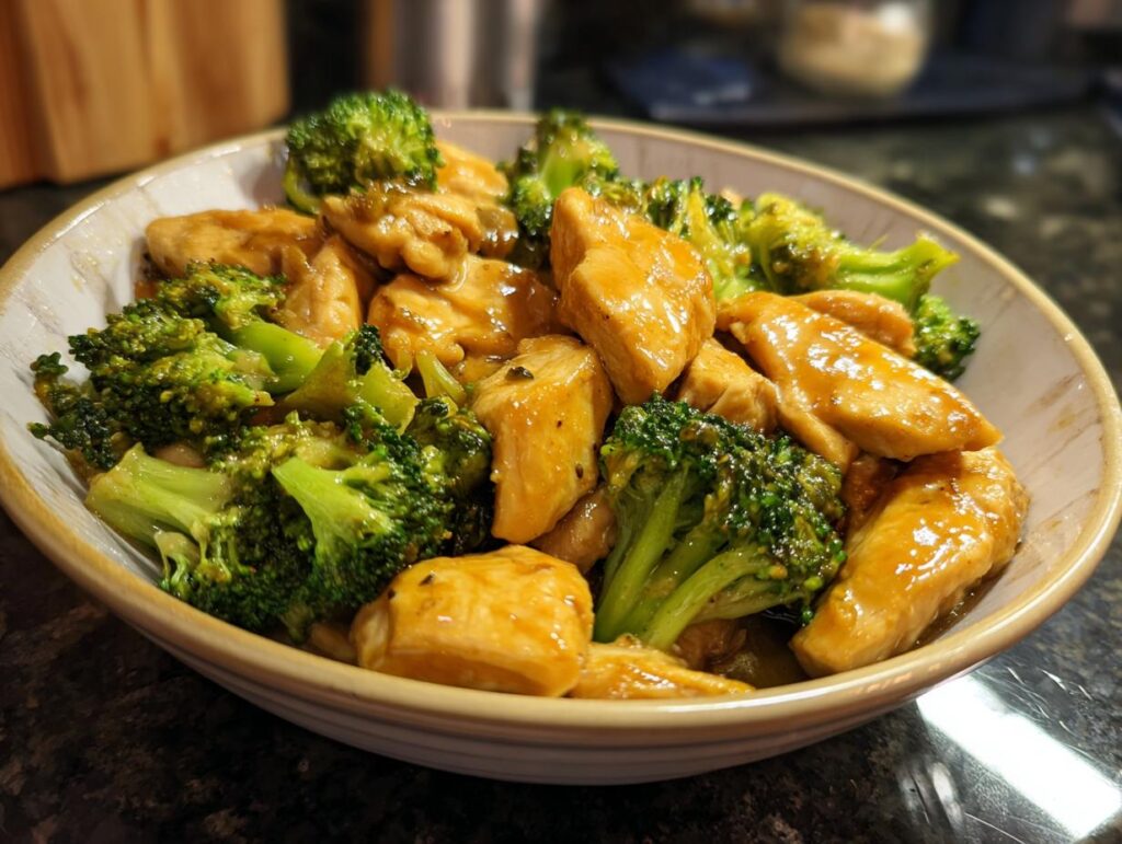 A bowl of Chicken Broccoli Skillet featuring glazed chicken and fresh broccoli florets.