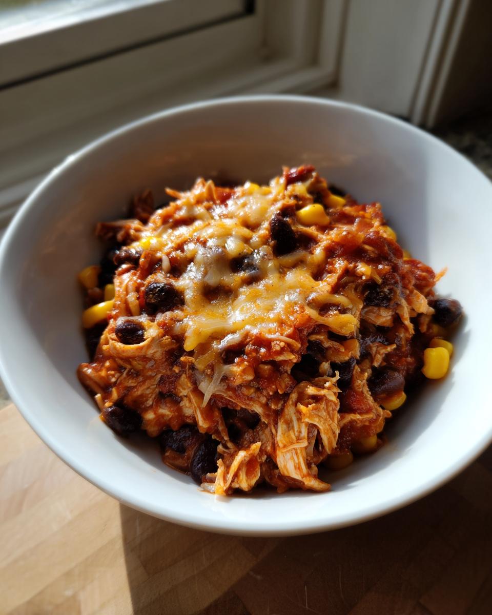 A close-up of Chicken Enchilada Bowls with chicken, black beans, corn, and melted cheese in a white bowl.