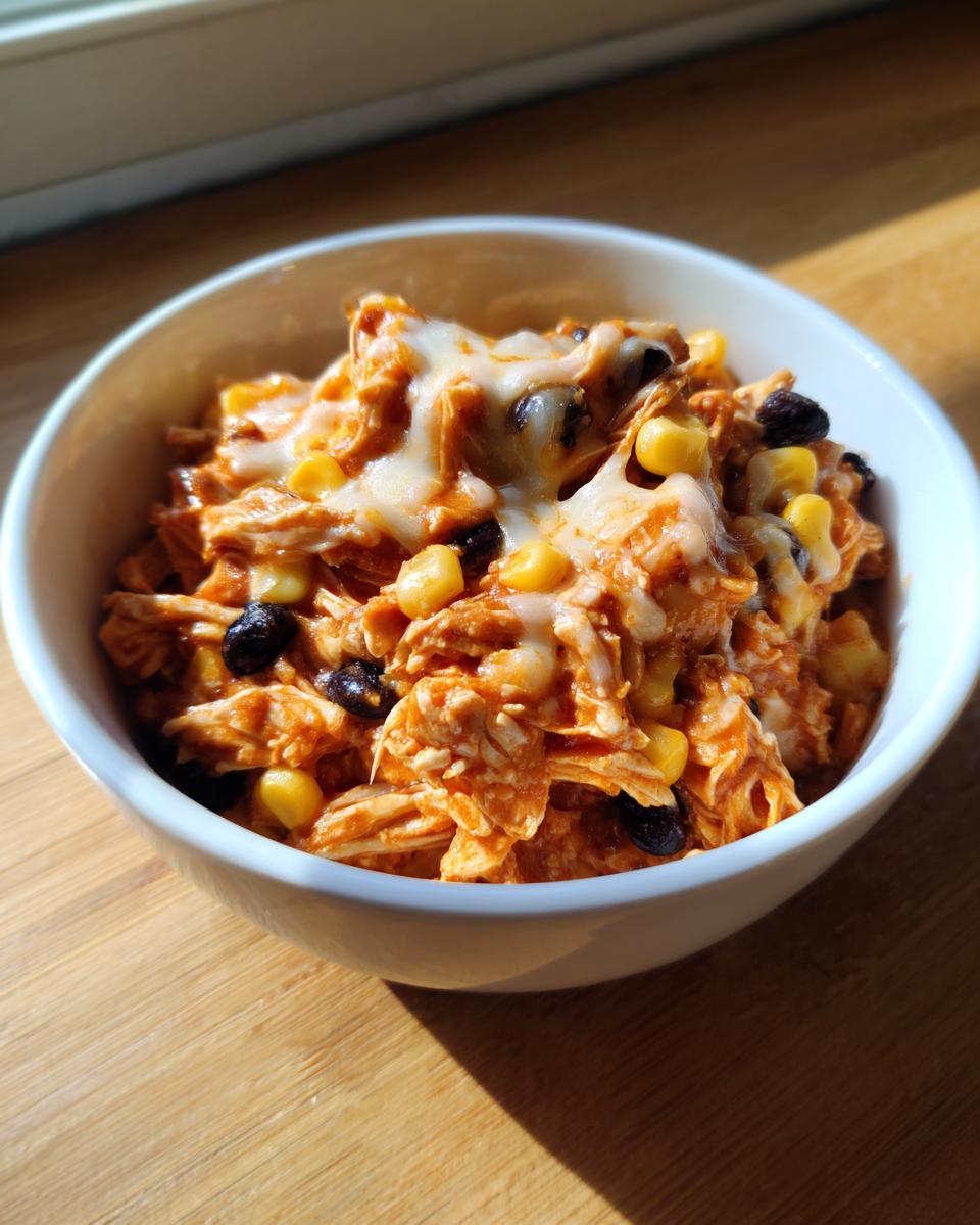 A white bowl filled with Chicken Enchilada Bowls, topped with melted cheese, corn, and black beans.
