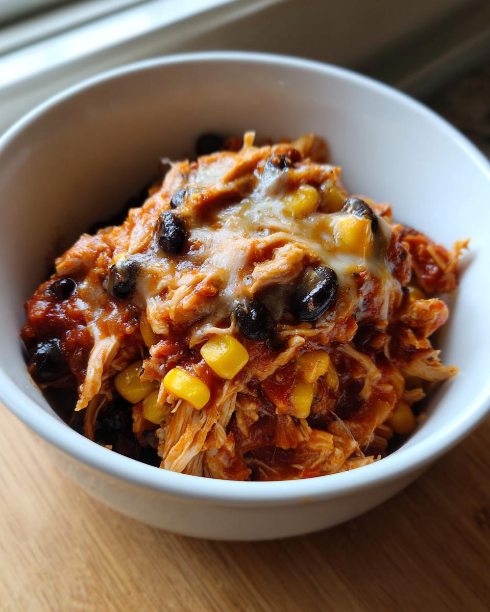 A close-up of Chicken Enchilada Bowls in a white bowl, featuring chicken, corn, black beans, and melted cheese.