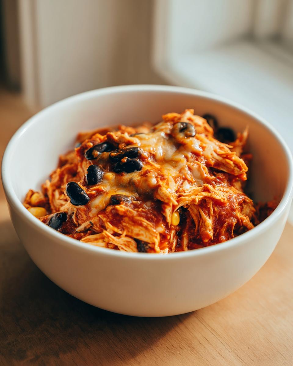 Close-up of a white bowl filled with Chicken Enchilada Bowls, featuring shredded chicken, black beans, corn, and melted cheese.