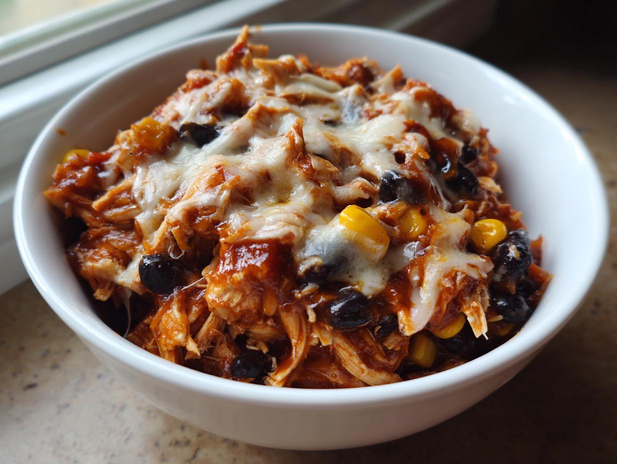 A close-up of Chicken Enchilada Bowls in a white bowl, topped with melted cheese, black beans, and corn.