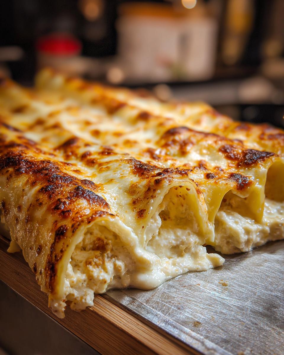 Close-up of baked Chicken Manicotti Alfredo with a creamy, cheesy topping, ready to serve.
