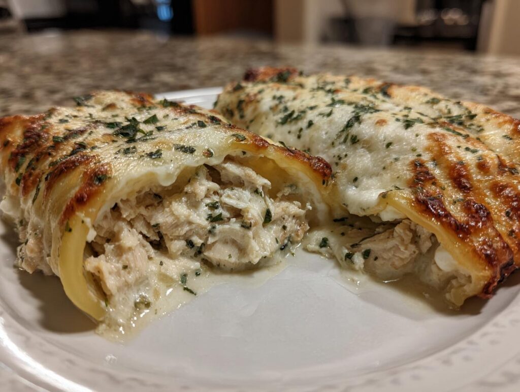 Two pieces of Chicken Manicotti Alfredo on a white plate, showcasing the creamy filling and golden-brown cheese topping.