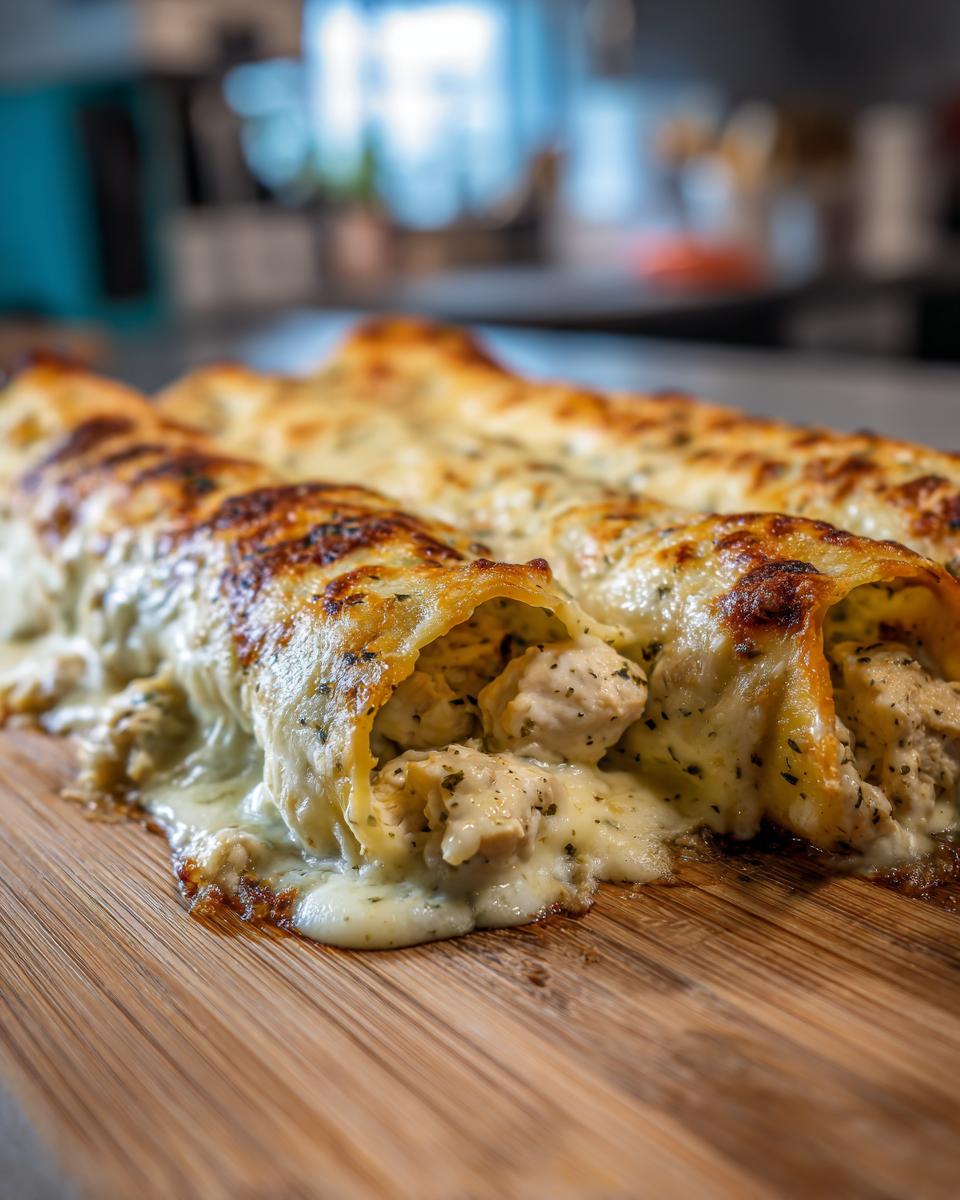 Three Chicken Manicotti Alfredo rolls on a wooden board, topped with melted cheese and herbs.