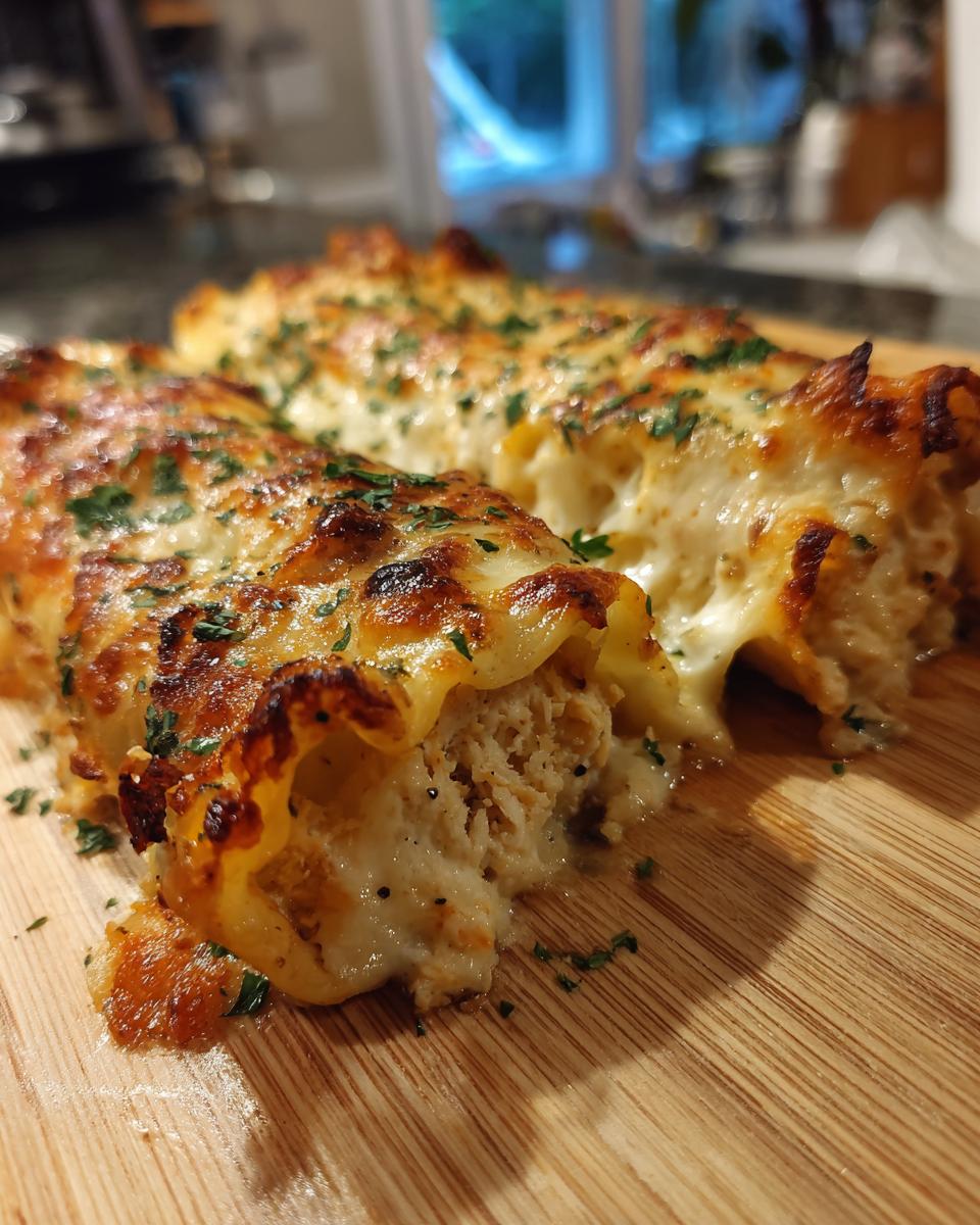 Three Chicken Manicotti Alfredo rolls with melted cheese and parsley on a wooden board.