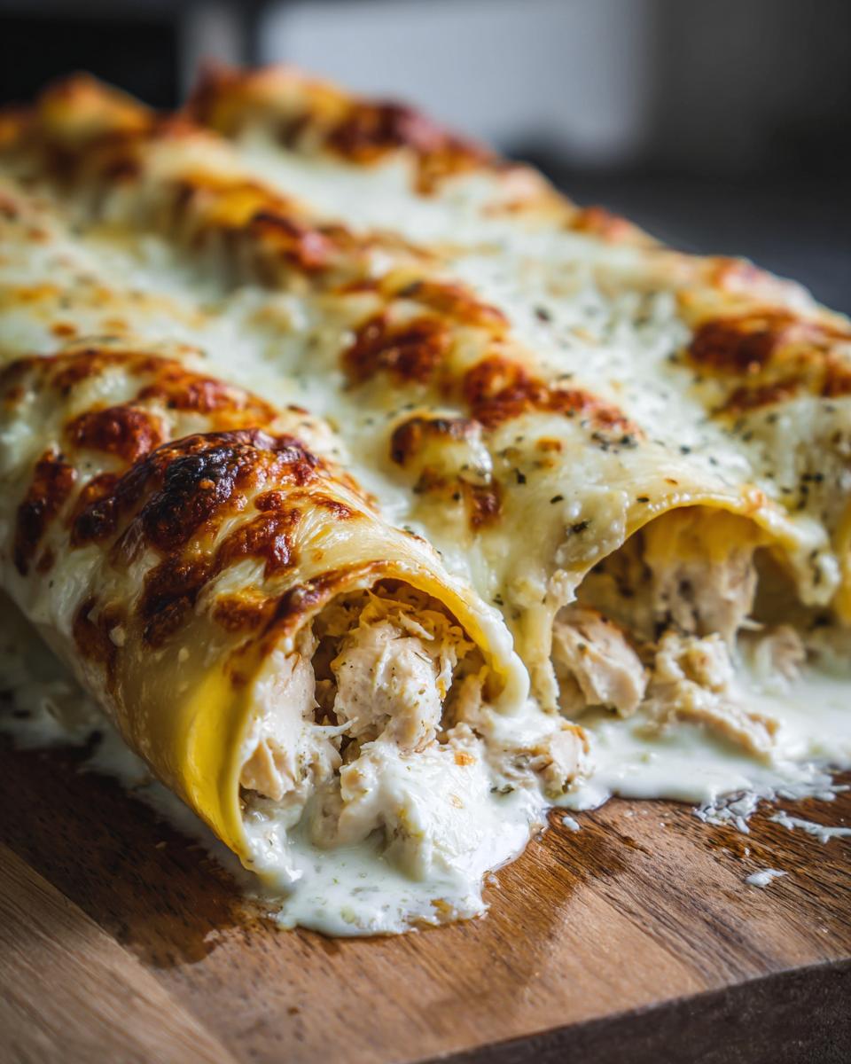 Close-up of Chicken Manicotti Alfredo on a wooden board, oozing with creamy sauce and melted cheese.