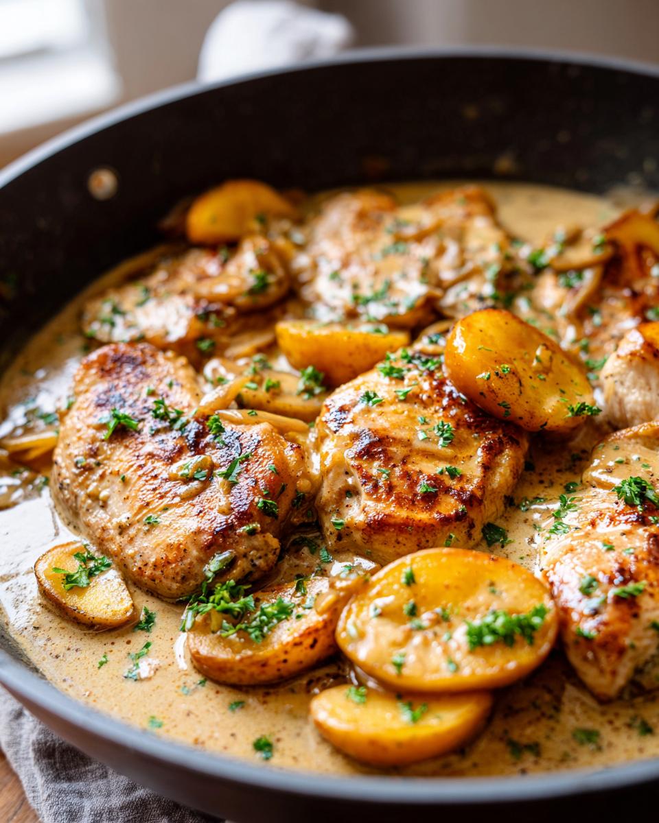 Close-up of Chicken Normandy with apples and creamy sauce, garnished with parsley.