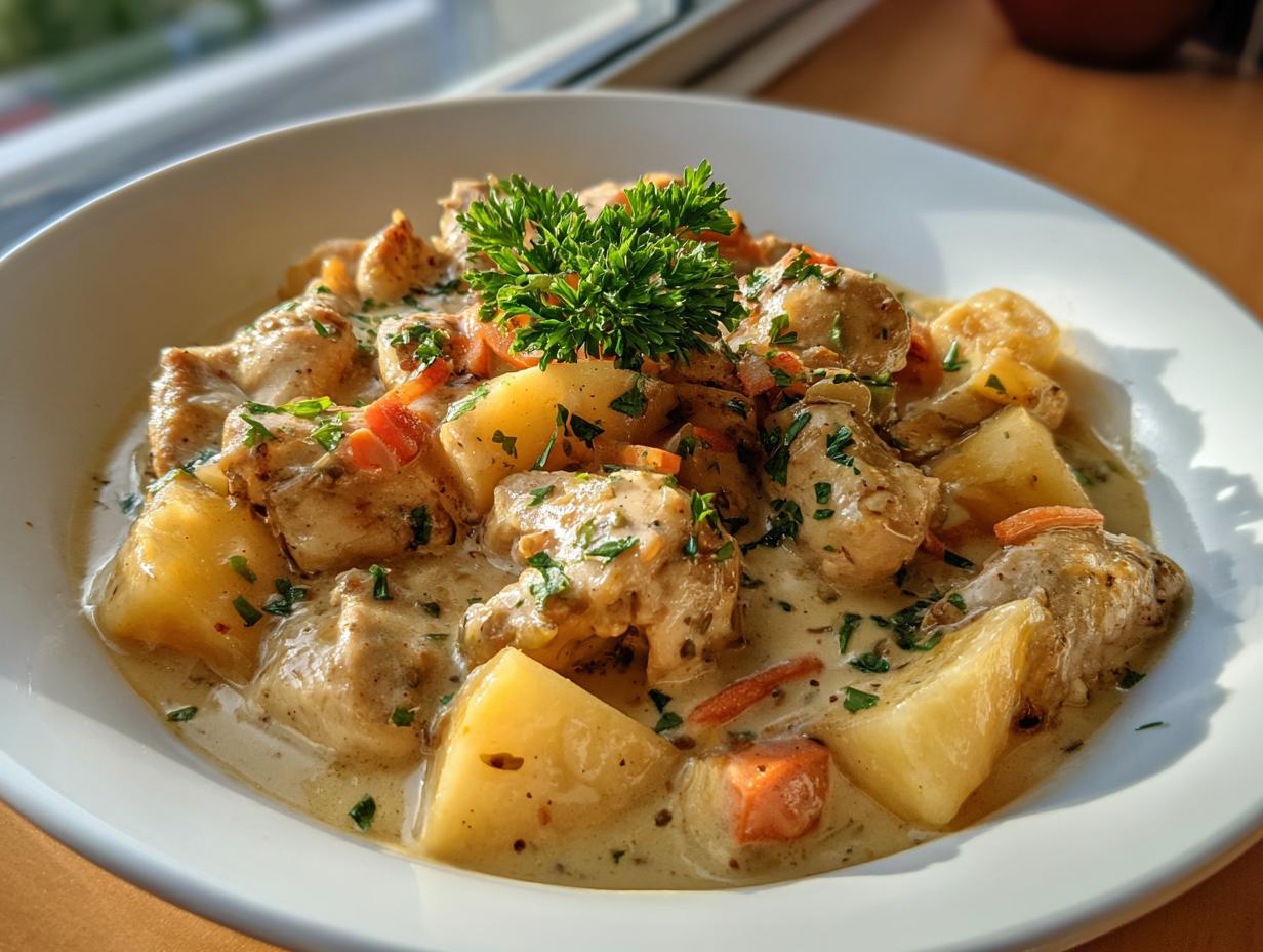A bowl of creamy Chicken Normandy with apples, potatoes, carrots, and herbs.