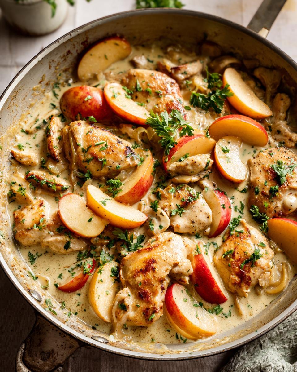 Overhead shot of Chicken Normandy in a skillet with apple slices, creamy sauce, and parsley garnish.