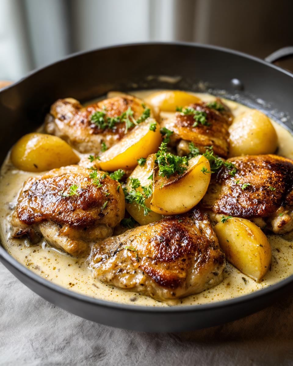 Chicken Normandy in a pan with apples and a creamy sauce, garnished with fresh herbs.