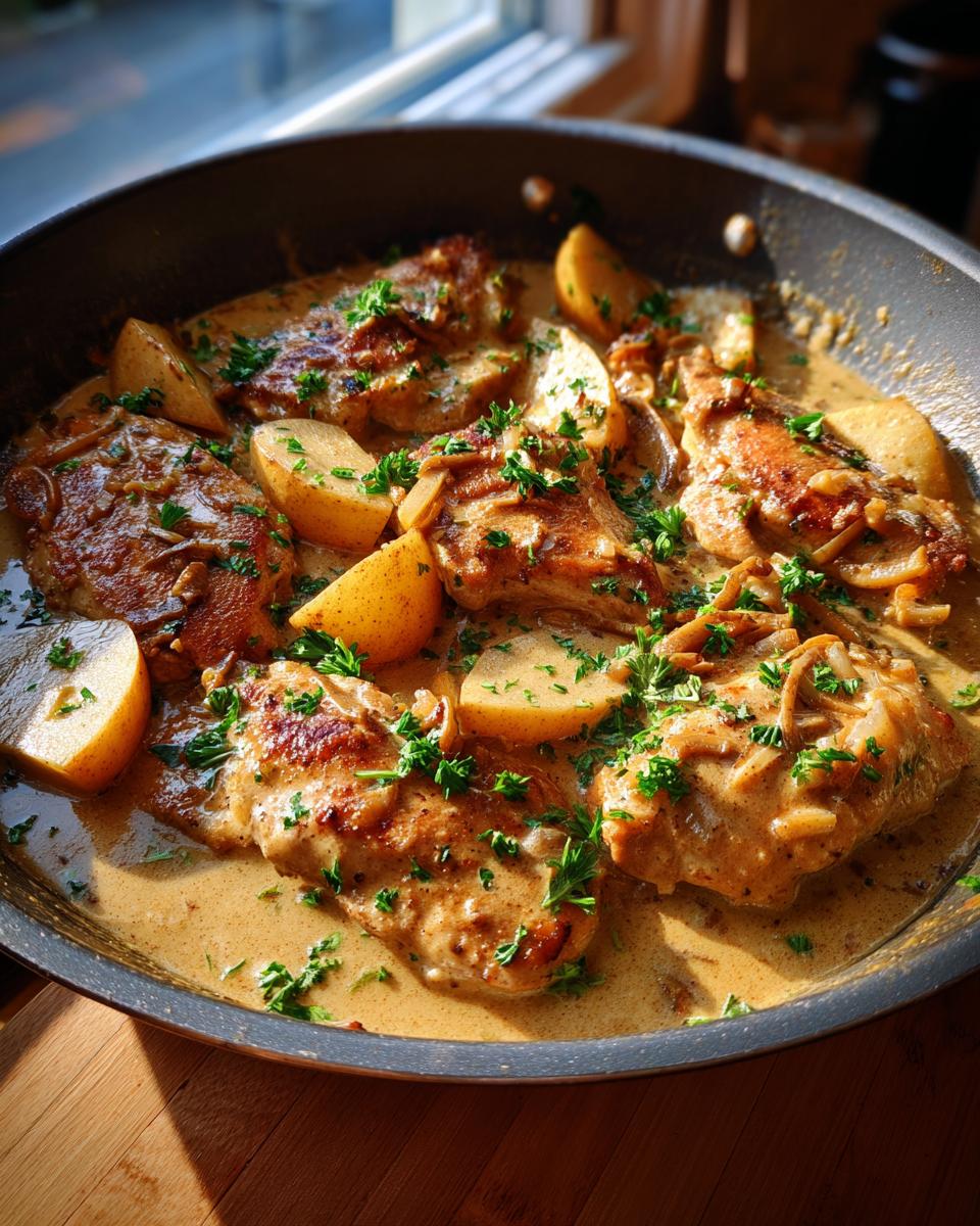 Chicken Normandy dish with apples and creamy sauce in a skillet, garnished with parsley.
