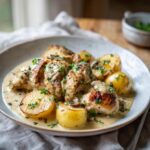 Close-up of Chicken Normandy served with potatoes and creamy sauce, garnished with fresh herbs.