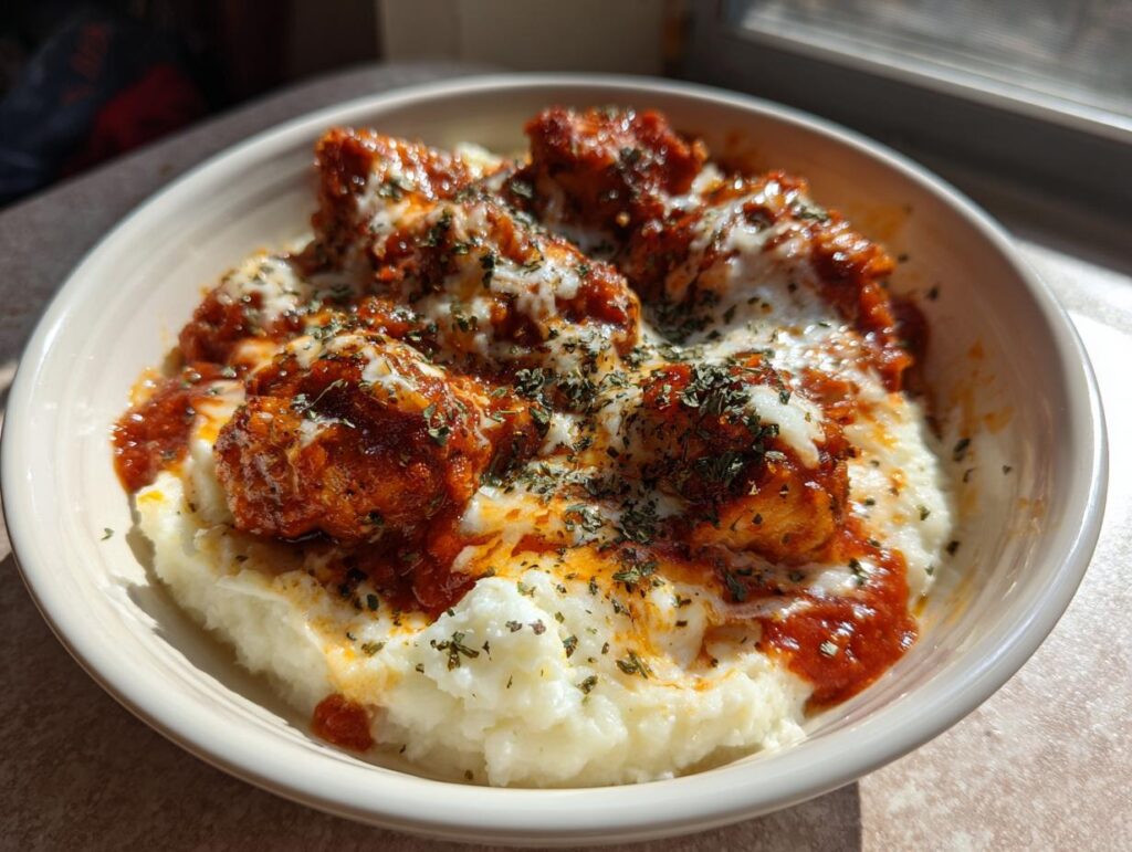 A delicious Chicken Parm Cottage Bowl featuring chicken, tomato sauce, cheese, and mashed cauliflower.