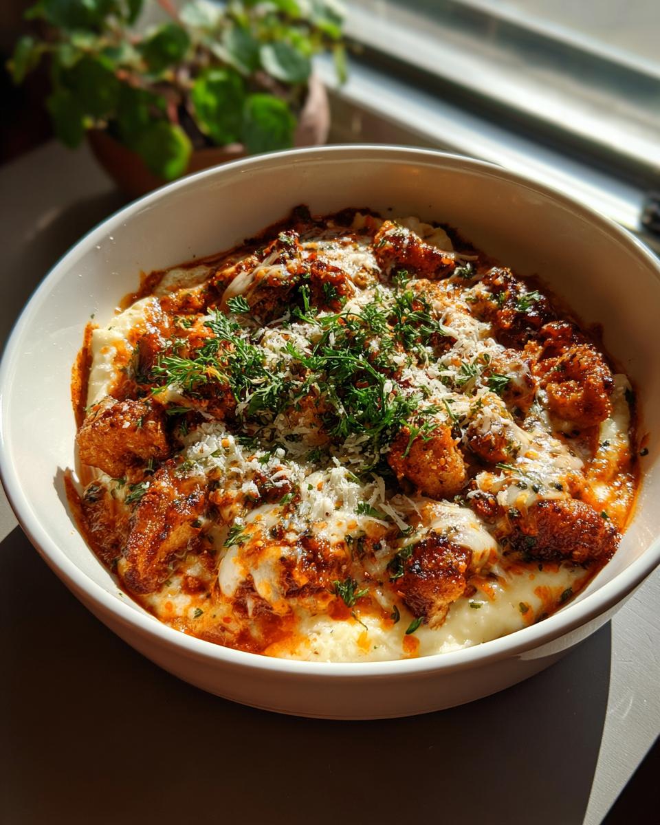 Overhead shot of a Chicken Parm Cottage Bowl with creamy base, chicken, sauce, cheese and herbs.