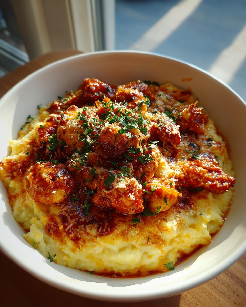 A close-up of a Chicken Parm Cottage Bowl, featuring mashed cauliflower topped with chicken, sauce, and parsley.