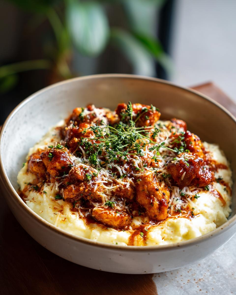 A delicious Chicken Parm Cottage Bowl topped with fresh herbs and cheese, served in a rustic bowl.