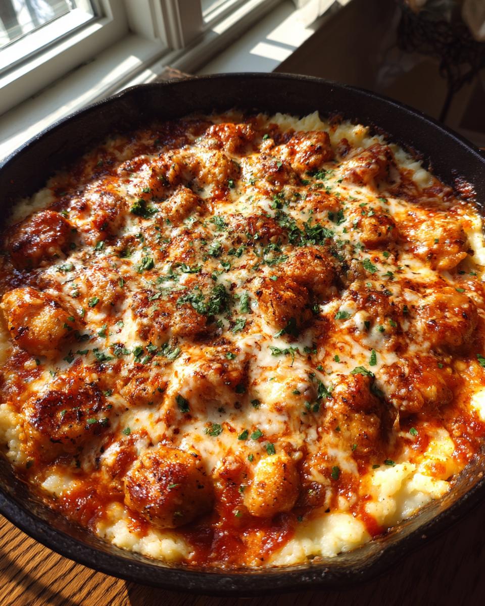Overhead view of a Chicken Parm Cottage Bowl in a cast iron skillet, topped with cheese and parsley.