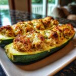 Two Chicken Parmesan Zucchini Boats on a white plate, topped with melted cheese and herbs.