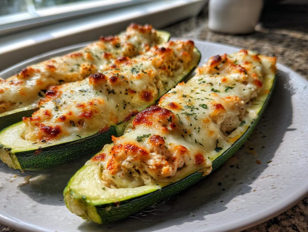 Three Chicken Parmesan Zucchini Boats on a plate, topped with melted cheese and herbs.