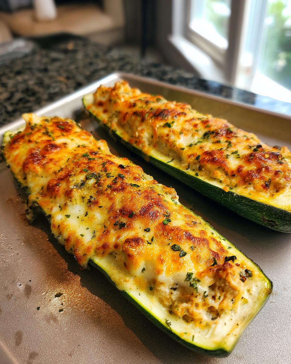 Two Chicken Parmesan Zucchini Boats on a baking sheet, topped with melted cheese and herbs.