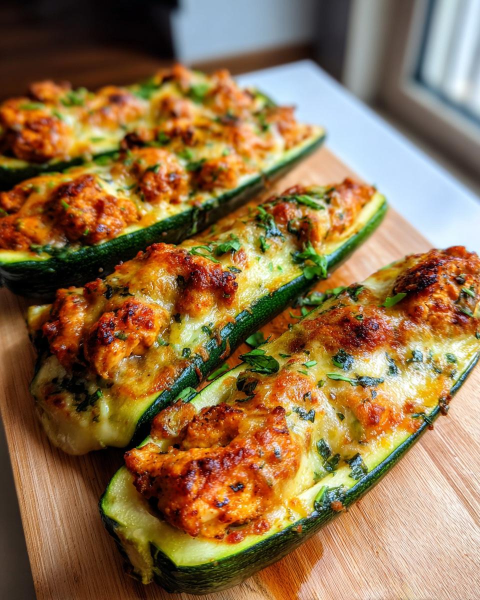 Four Chicken Parmesan Zucchini Boats on a wooden cutting board, topped with melted cheese and herbs.