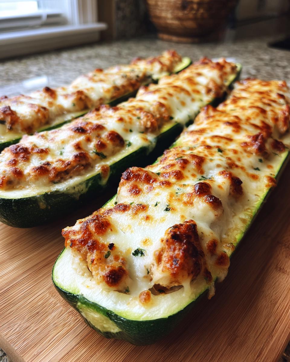 Three Chicken Parmesan Zucchini Boats on a wooden cutting board, topped with melted cheese and herbs.