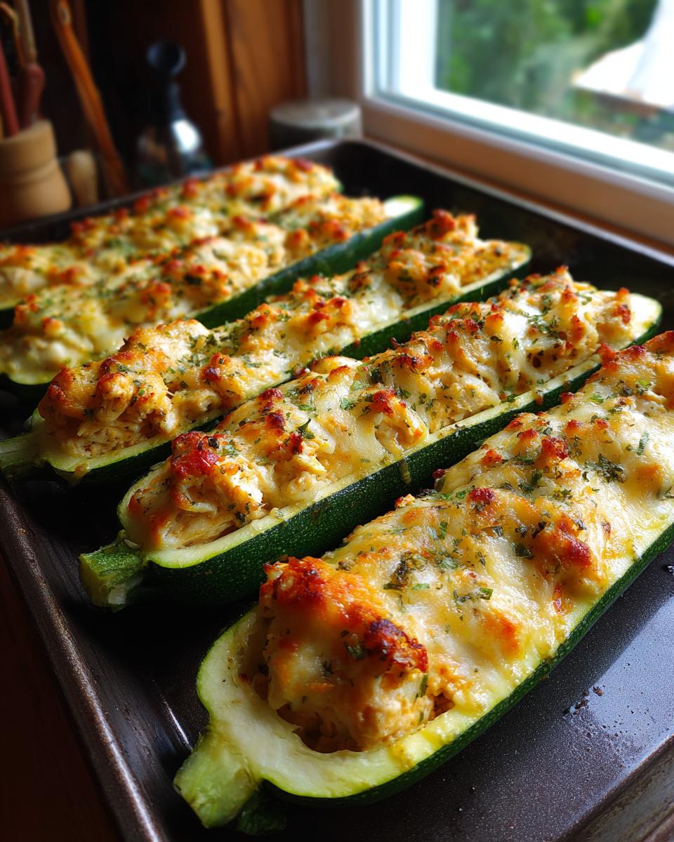 A baking sheet of Chicken Parmesan Zucchini Boats, topped with melted cheese and herbs.