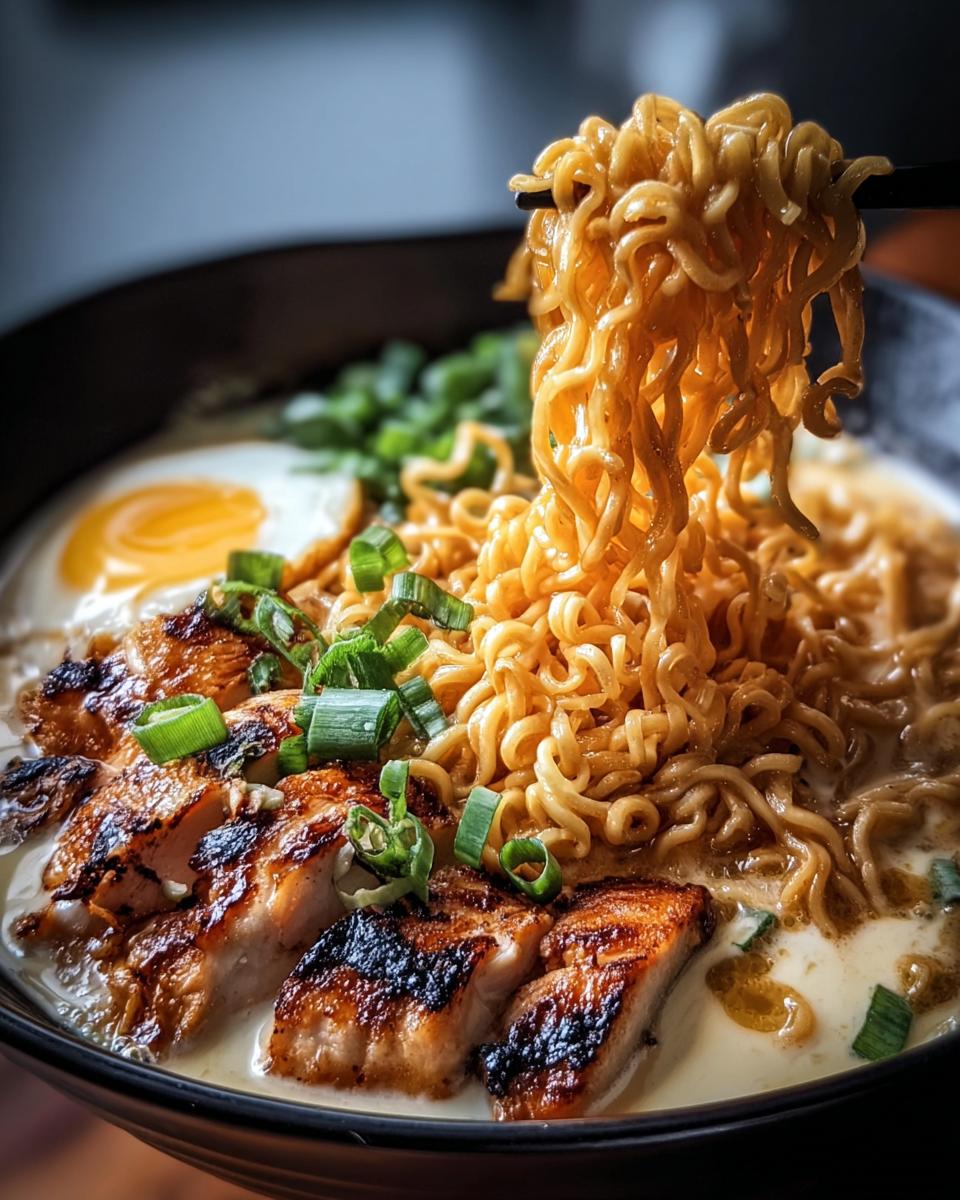 Close-up of Chicken Ramen Creamy Sauce with grilled chicken, noodles, fried egg and green onions.