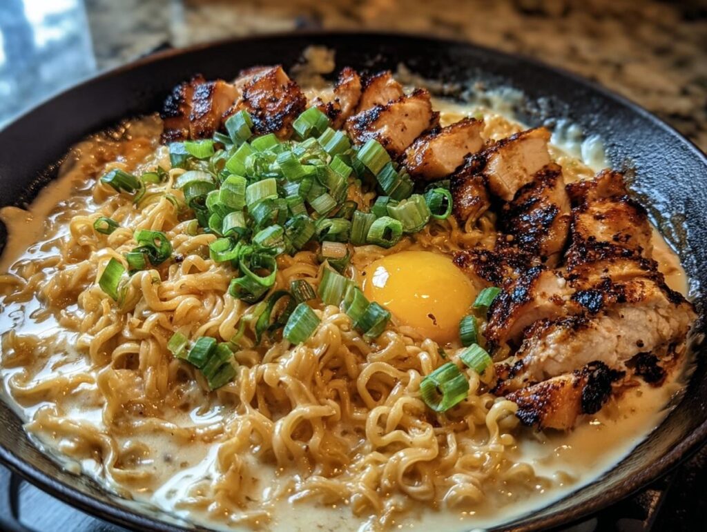 Bowl of Chicken Ramen Creamy Sauce with grilled chicken, ramen noodles, egg yolk, and green onions.