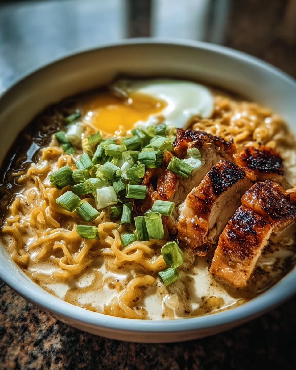 Bowl of Chicken Ramen Creamy Sauce with grilled chicken, soft egg, and chopped scallions.