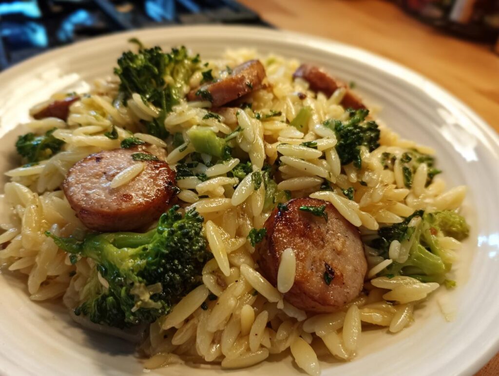 A plate of Chicken Sausage Broccoli Orzo, featuring sliced sausage, bright green broccoli, and orzo pasta.