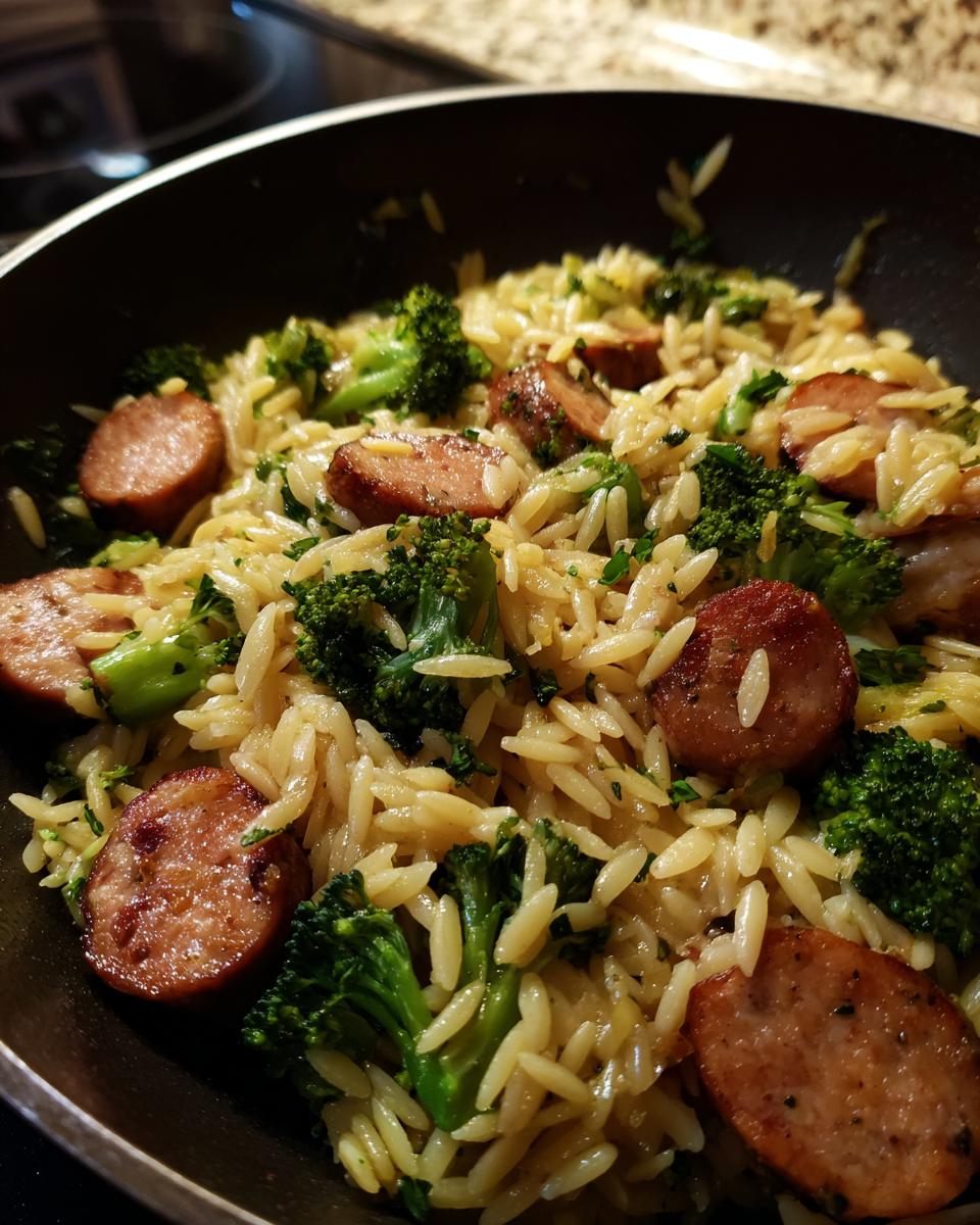 Close-up of Chicken Sausage Broccoli Orzo in a pan, showing orzo pasta, sliced sausage, and broccoli florets.