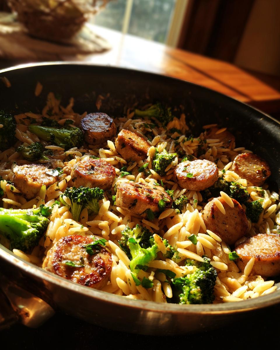 A pan filled with Chicken Sausage Broccoli Orzo, featuring browned sausage slices and bright green broccoli.