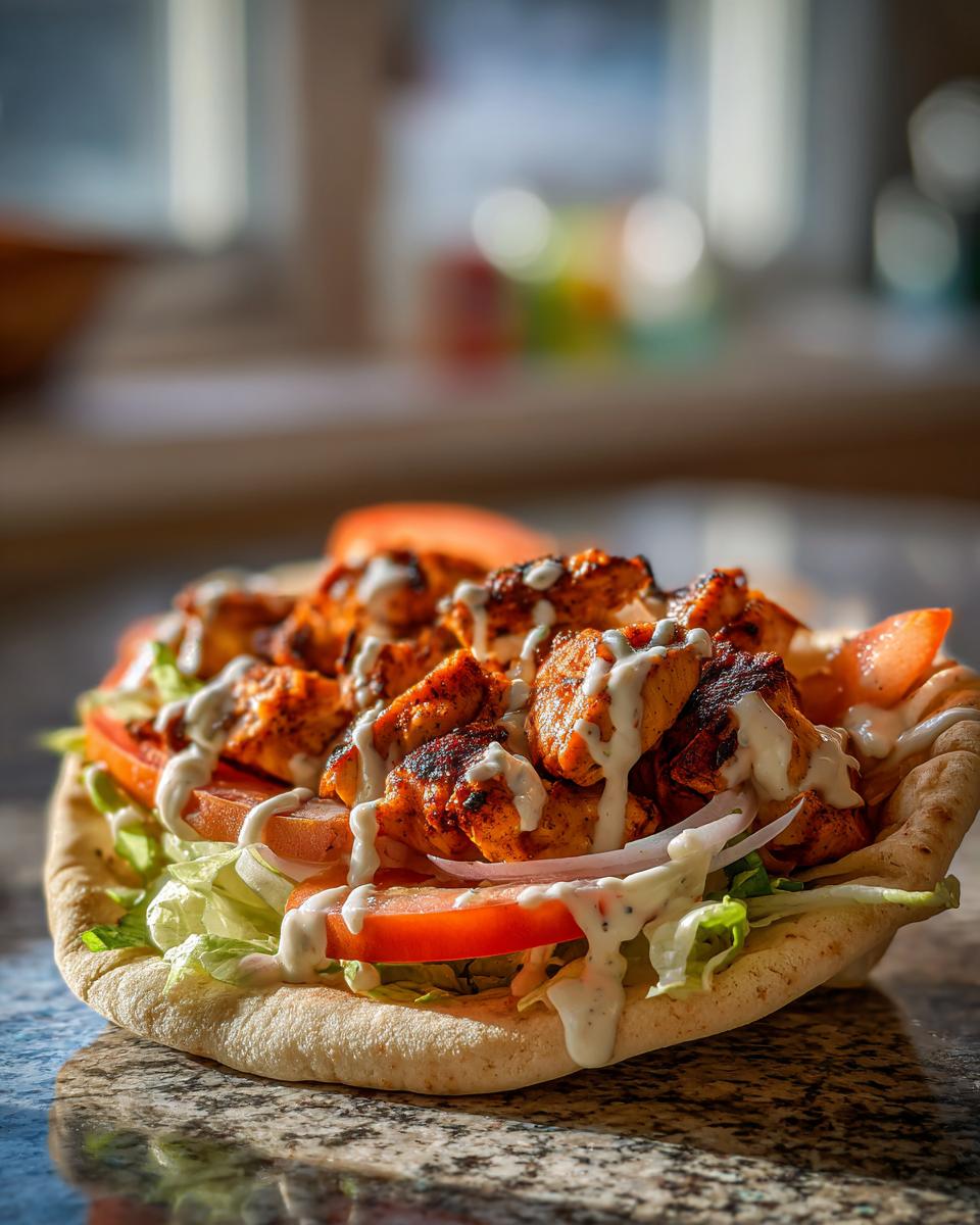 Close-up of Chicken Shawarma with Garlic Sauce, featuring grilled chicken, fresh vegetables, and creamy sauce on pita bread.
