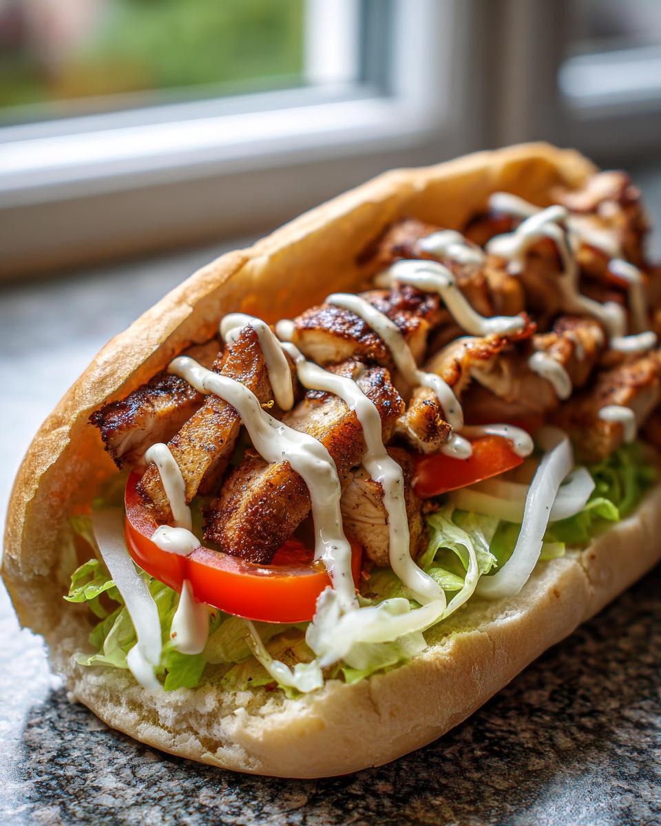 Close-up of Chicken Shawarma with Garlic Sauce in a pita, featuring chicken, tomato, lettuce, and creamy garlic sauce.