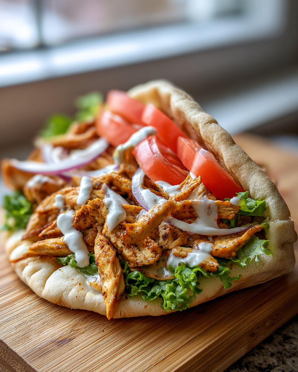 A tasty Chicken Shawarma with Garlic Sauce, served in pita bread with lettuce, tomatoes, and red onions.