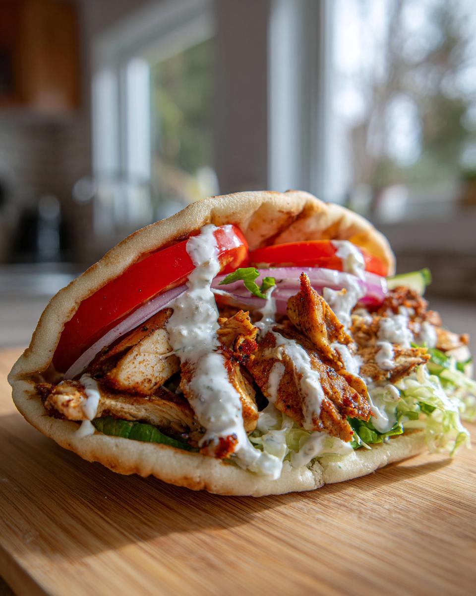 Close-up of a Chicken Shawarma with Garlic Sauce, featuring chicken, vegetables, and creamy sauce in pita bread.