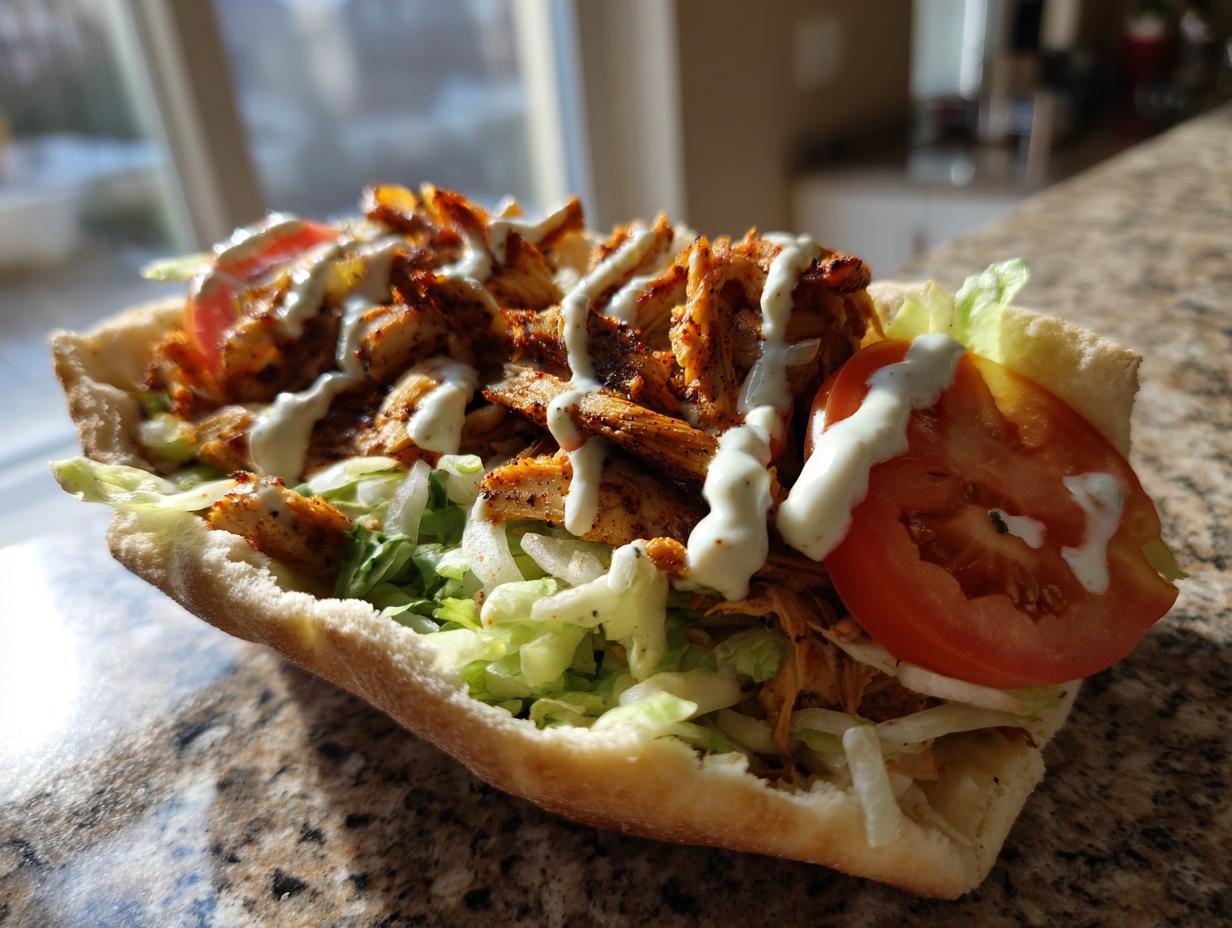 A flavorful Chicken Shawarma with Garlic Sauce, featuring tender chicken, fresh vegetables, and creamy garlic sauce in pita bread.