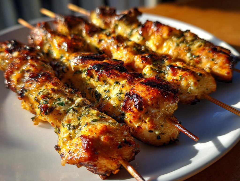 Four grilled Chicken Skewers with Garlic and Parmesan on a white plate, showcasing golden-brown color and herb garnish.
