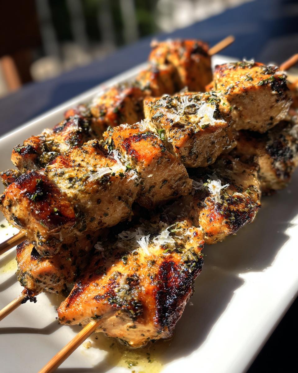 Close-up of grilled Chicken Skewers with Garlic and Parmesan, seasoned with herbs and parmesan cheese.